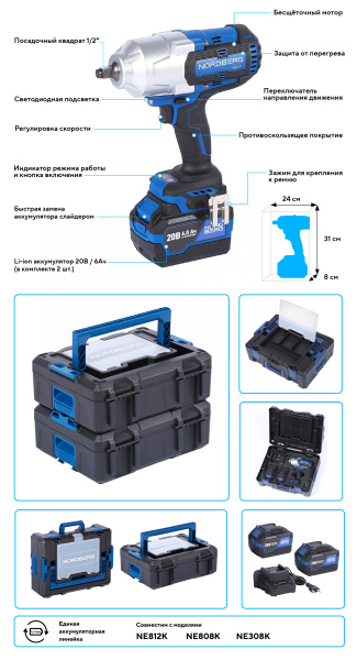 Гайковерт аккумуляторный, 1/2", 20 В, 1700 Нм, 2 аккумулятора 6 A и зарядное устройство, в кейсе NE812K